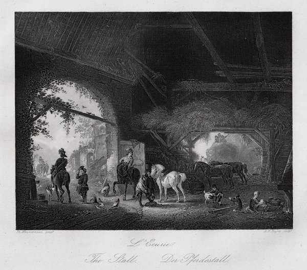 Der Pferdestall. Originaler Stahlstich, Payne um 1850
