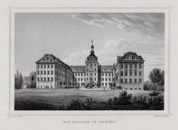 Zerbst. Schlossansicht, Originaler Stahlstich, Fesca um 1860