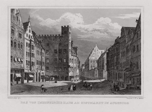 Augsburg, Obstmarkt Originaler Stahlstich, Müller um 1840