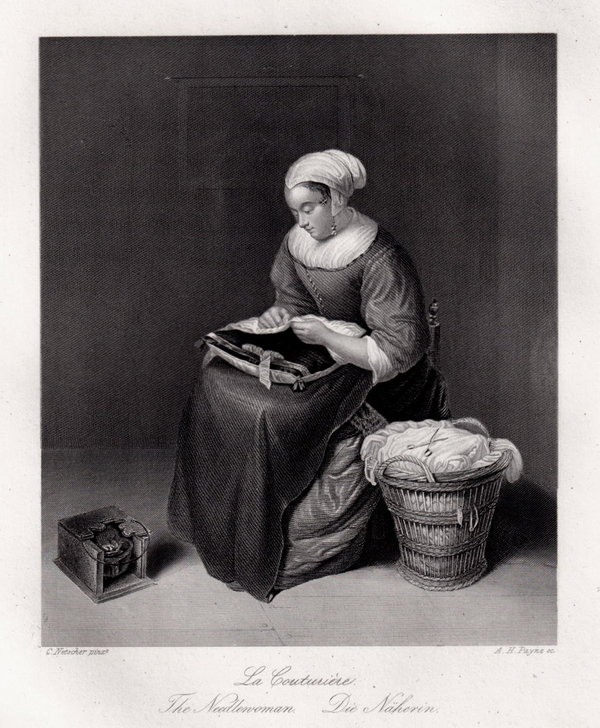 Die Näherin. Originaler Stahlstich, Payne um 1850