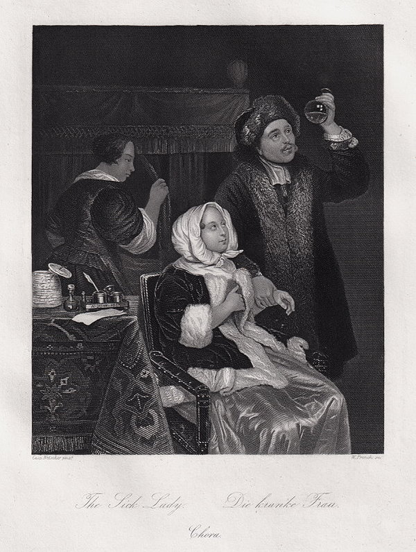 Arzt, Doktor: Die kranke Frau. Originaler Stahlstich, French um 1850