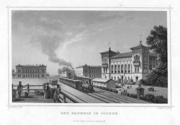 Köthen, Eisenbahnhof echter Stahlstich, Poppel um 1850