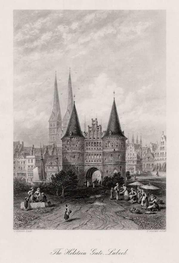 Lübeck. Das Holstentor, Echter Stahlstich um 1875