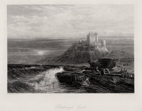 Bamborough Castle in Northumberland, Echter Stahlstich um 1875