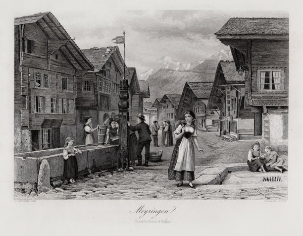 Meyringen in der Schweiz. Dorfansicht. Echter Stahlstich um 1875