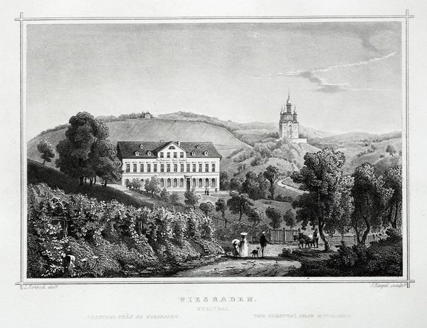WIESBADEN - Nerotal mit der Kaltwasseranstalt. Originaler Stahlstich um 1870