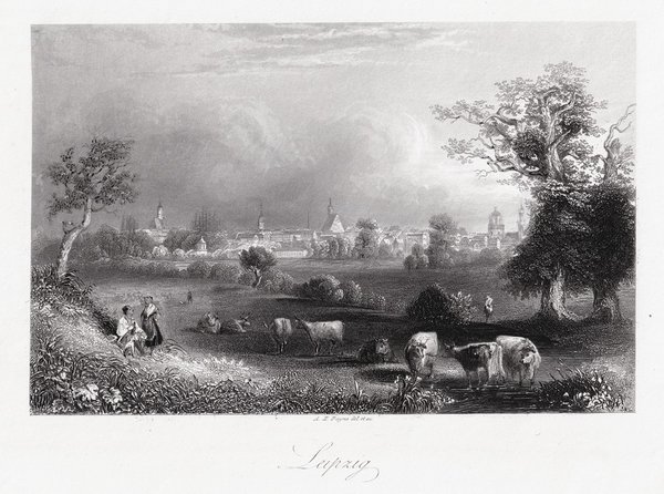 LEIPZIG: Ansicht aus der Ferne. Originaler Stahlstich um 1850