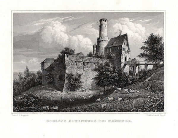 BAMBERG - Schloß Altenburg Original Stahlstich, Poppel um 1850