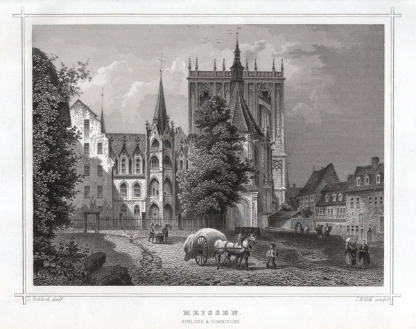 Meissen, Domplatz, echter Stahlstich, Kolb um 1860