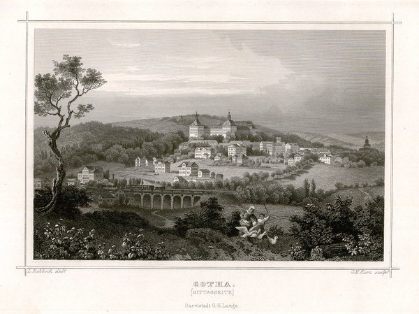 Gotha. Gesamtansicht (Mittagsseite). Originaler Stahlstich, Kurz 1857