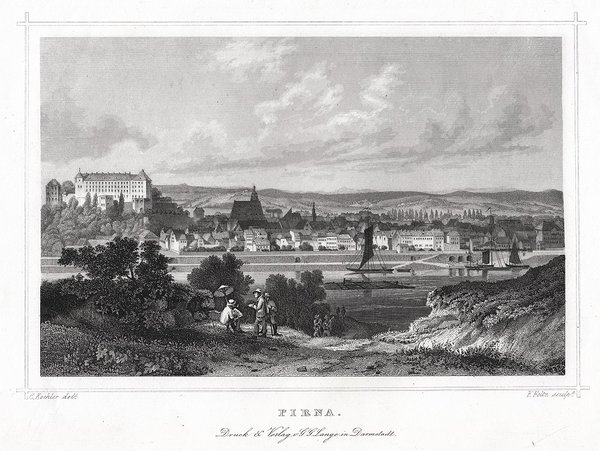 Pirna: Gesamtansicht. Echter Stahlstich um 1850