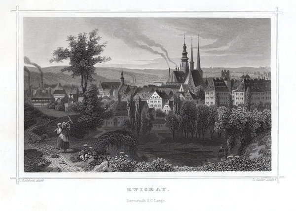 Zwickau. Gesamtansicht Original Stahlstich, Oeder 1862