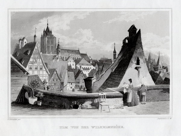 ULM- Von der Wilhelmshöhe. Originaler Stahlstich Poppel um 1840