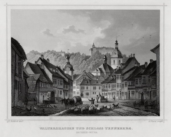 Waltershausen und Schloß Tenneberg. Originaler Stahlstich Fesca um 1840