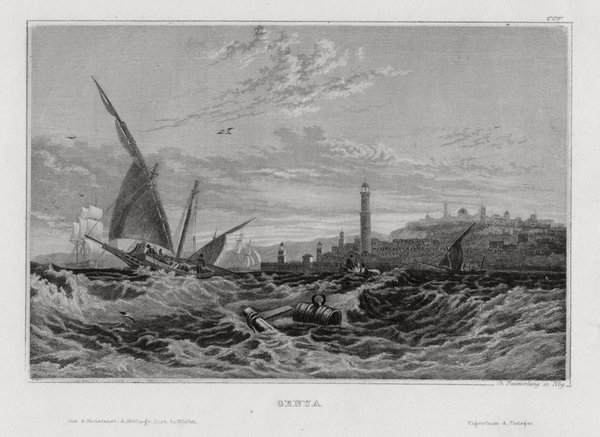 Genua Genova Liguria Gesamtansicht. Original Stahlstich Daumerlang um 1840