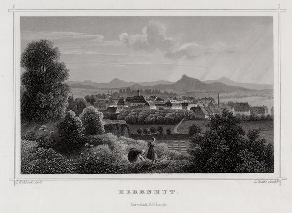 Herrnhut in der Oberlausitz, Original Stahlstich, Oeder 1850