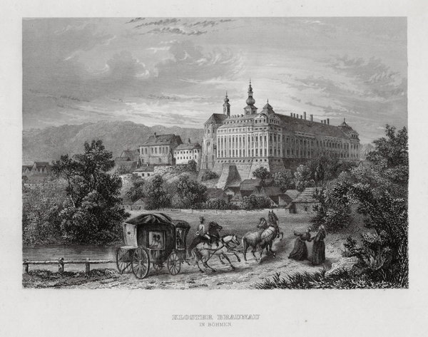Tschechien, Broumov Kloster Braunau in Böhmen Stahlstich um 1850