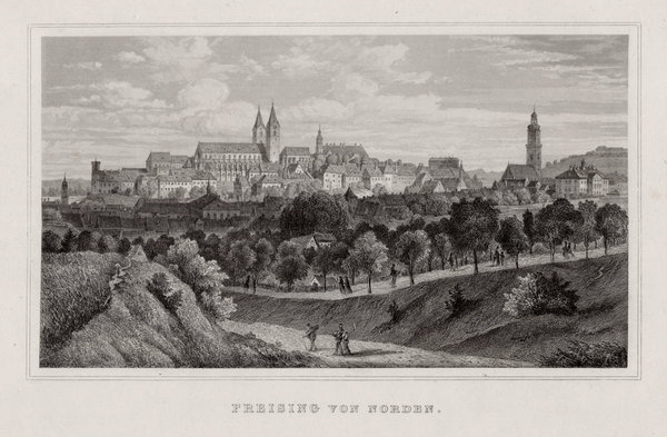 Freising Totalansicht von Norden. Originaler Stahlstich, um 1870