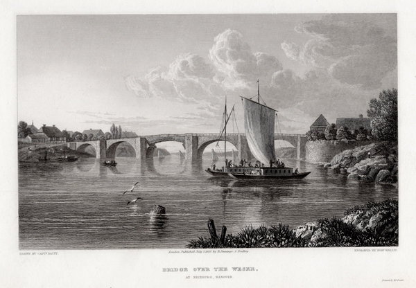 Nienburg / Weser, Weserbrücke. Originaler Stahlstich, Wallis um 1830