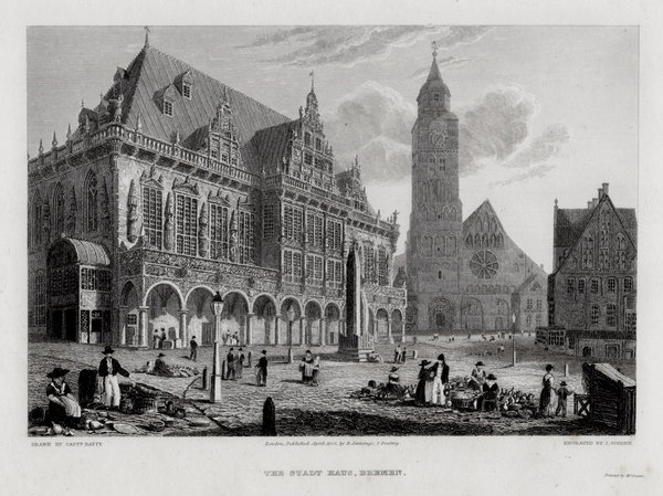 BREMEN: Markt und Rathaus. Originaler Stahlstich um 1830