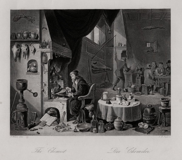 Chemiker. Originaler Stahlstich, Payne n. Teniers um 1850