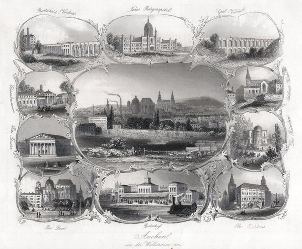 Aachen: Souvenirblatt mit 10 Ansichten. Originaler Stahlstich um 1850