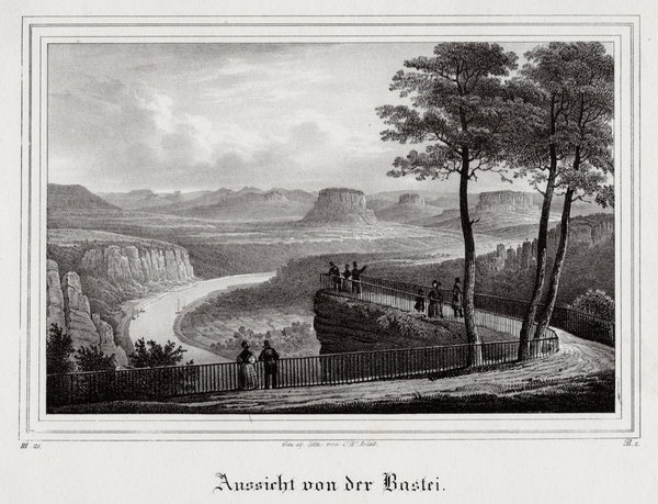 Aussicht von der Bastei. Originale Lithographie aus Saxonia um 1840