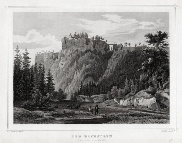 Der Hockstein in der Sächsischen Schweiz. Stahlstich um 1840