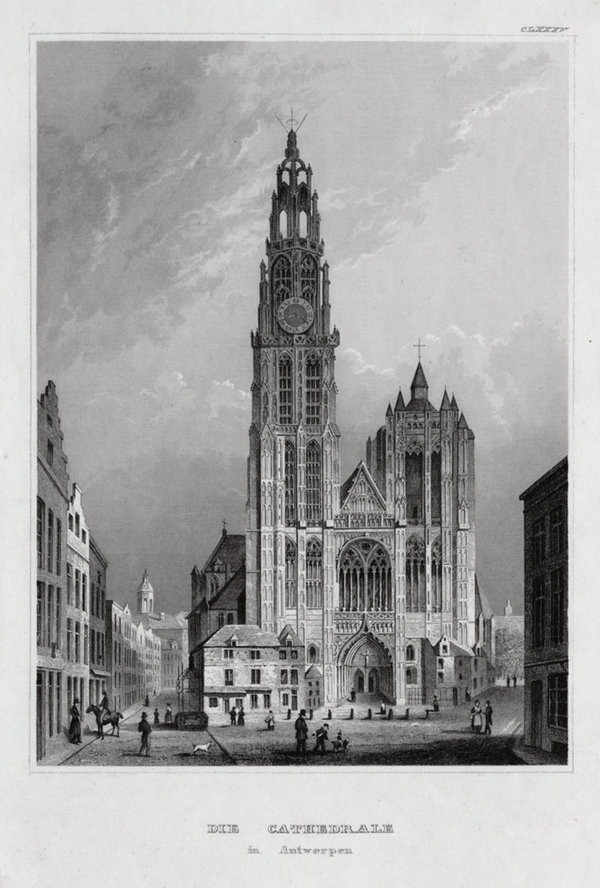 Antwerpen, Belgien. Die Kathedrale Echter Stahlstich um 1840