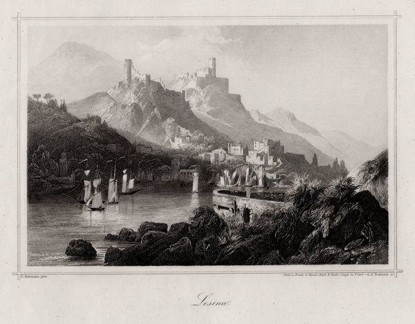 Lesina in Dalmatien. Insel Hvar, echter Stahlstich um 1850