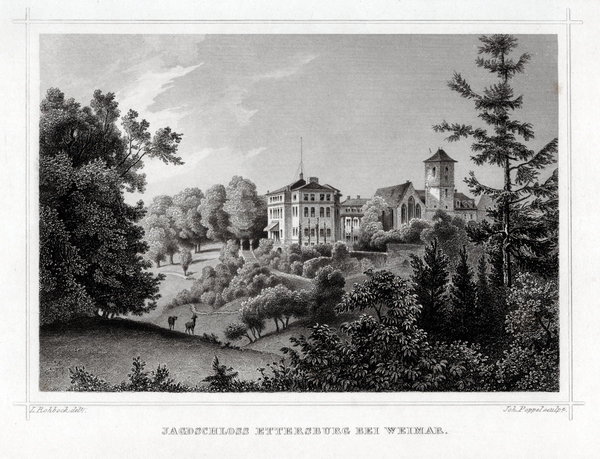 Weimar. Jagdschloß Ettersburg Originaler Stahlstich Poppel  um 1850