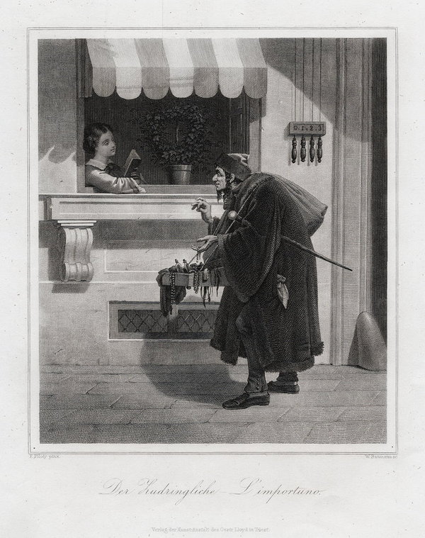 Hausierer "Der zudringliche". Originaler Stahlstich, n. Piloty um 1850