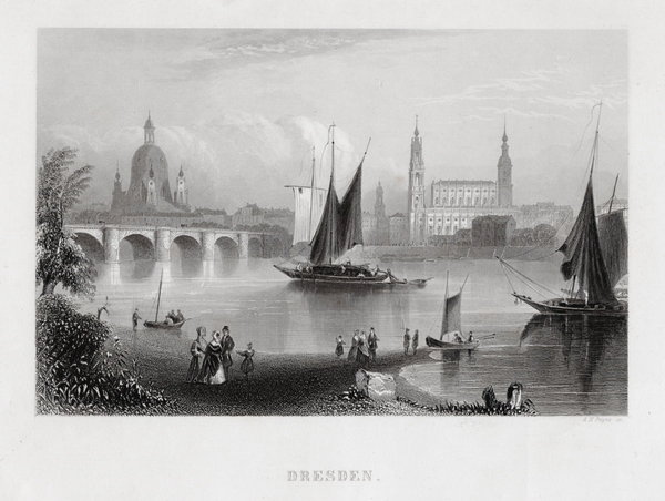 Dresden. Gesamtansicht über die Elbe, echter Stahlstich, Payne um 1860