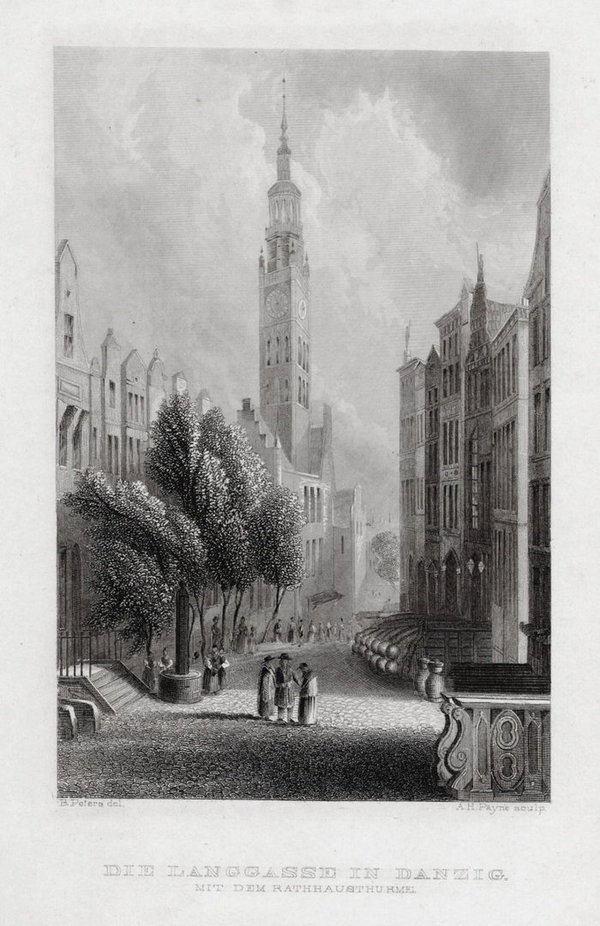 Danzig. Langgasse, Rathaus,. Originaler Stahlstich Payne um 1850