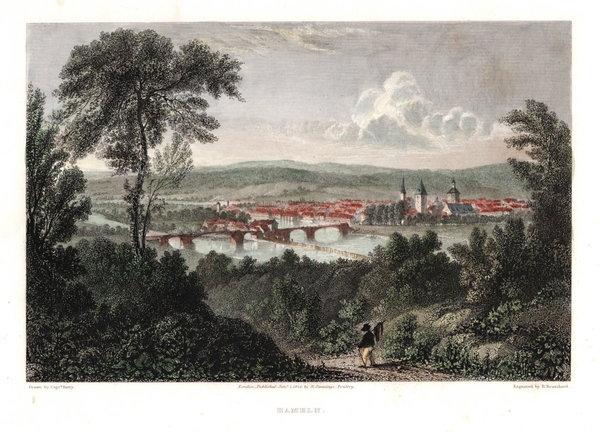 Hameln über die Weser. Stahlstich handcoloriert um 1830