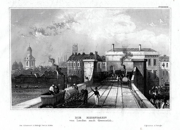 Eisenbahn London nach Greenwich. Originaler Stahlstich um 1850
