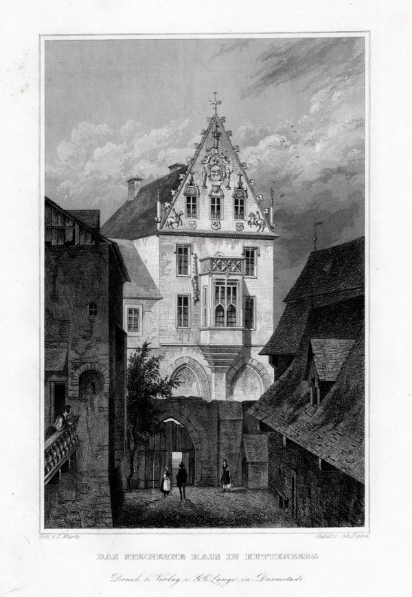 Tschechien: Das Steinerne Haus in Kuttenberg . Originaler Stahlstich, um 1840