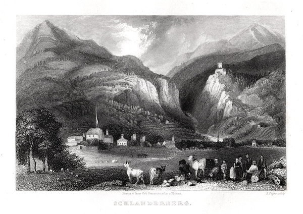 Südtirol: Schlanderberg. Original Stahlstich Payne 1833