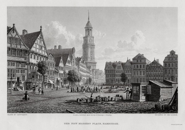 HAMBURG: Großneumarkt. Originaler Stahlstich n. Batty  1828