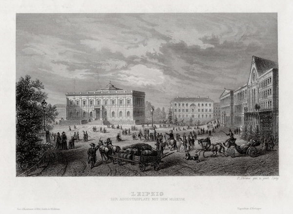 Leipzig - Der Augustusplatz mit Museum - Orig. Stahlstich um 1860