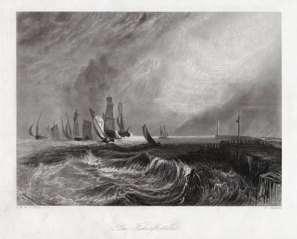 Fischerflotte. Originaler Stahlstich, n. Turner von 1858