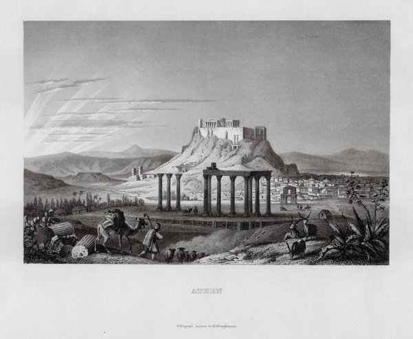 Griechenland, Athen mit der Akropolis echter Stahlstich um 1860