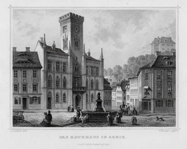 Greiz im Vogtland. Rathaus. Originaler Stahlstich, Heisinger  um 1860