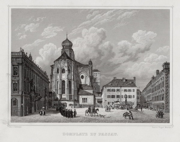 Passau Der Domplatz. Originaler Stahlstich Poppel  um 1850