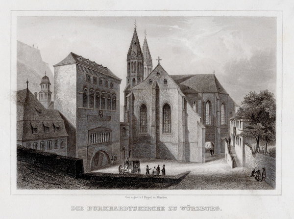 WÜRZBURG. Die Burkhardtskirche. Originaler Stahlstich Poppel um 1850