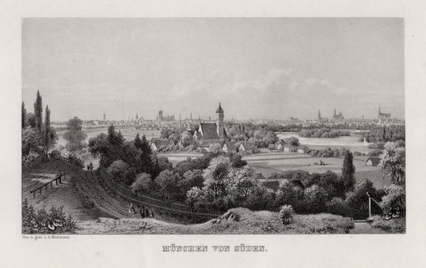 MÜNCHEN - Totalansicht von Süden - Originaler Stahlstich um 1870