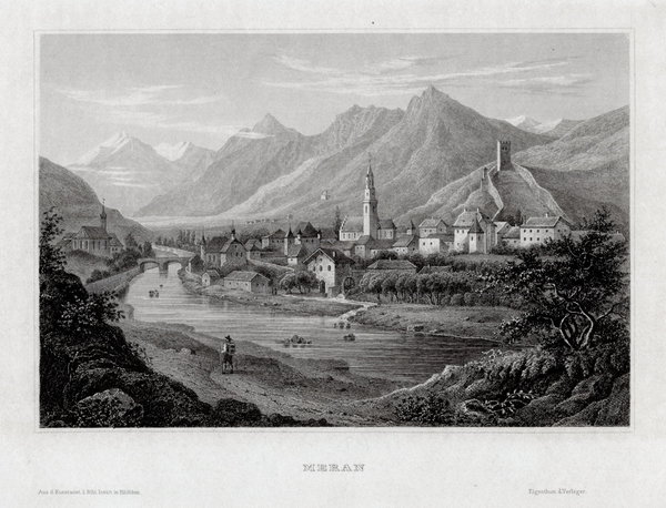 Südtirol. Meran. Gesamtansicht. Original Stahlstich um 1860