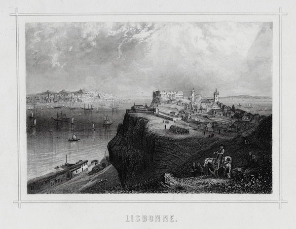 Lissabon vom Fort Almeida. Hafeneinfahrt. Originaler Stahlstich um 1850