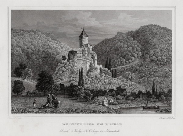 Zwingenberg Neckar. Originaler Stahlstich Umbach um 1850