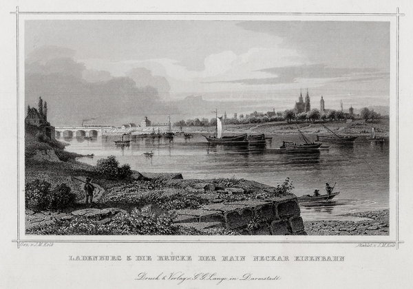 Ladenburg mit Eisenbahnbrücke. Originaler Stahlstich Kolb um 1850